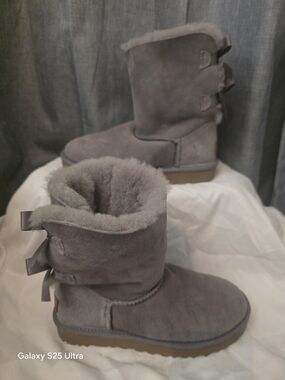 UGG Gray Suede Shearling Winter Boots with Back Bows
